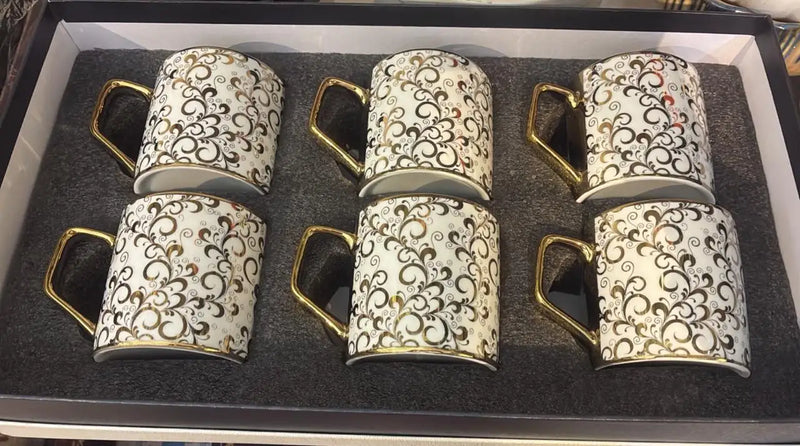 White & Gold Printed Glossy Coffee Mugs – Set of 6, 220 ml Each