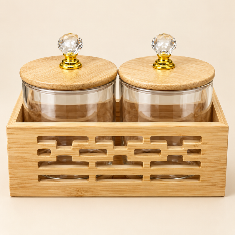 Glass Dry Fruit & Candy Jar Set with Bamboo Lids & Wooden Rotating Stand – 2 Jars, Jali Tray