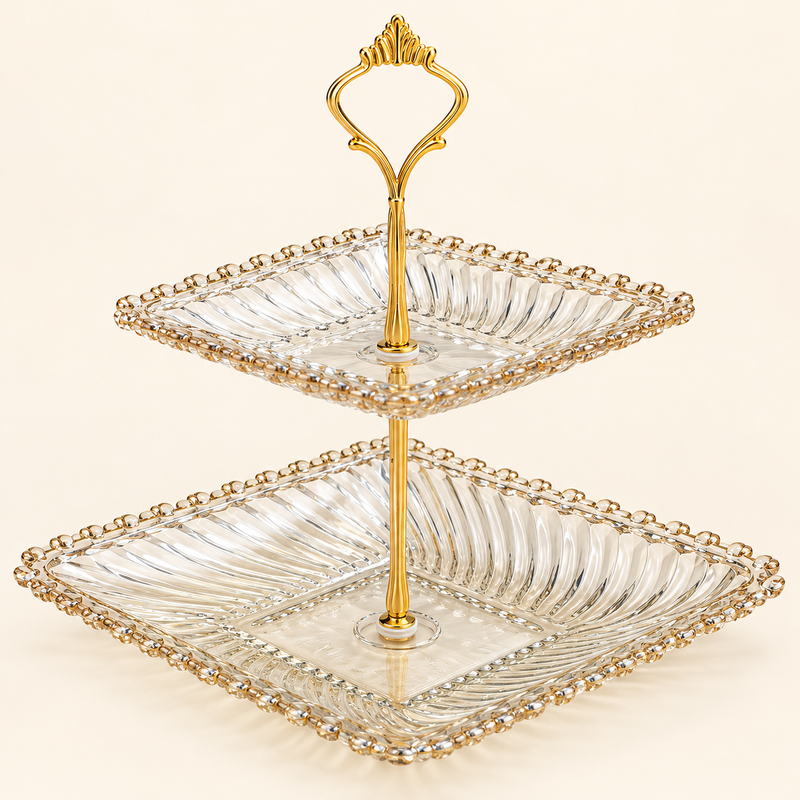 2-Tier Glass Dessert Stand with Gold Handle – Color 2