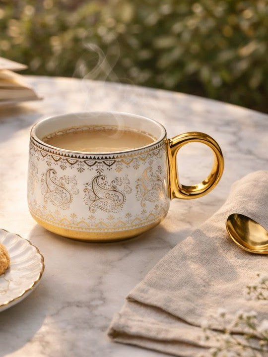 White Gold Toned Designed Porcelain Cups (Set of 6)