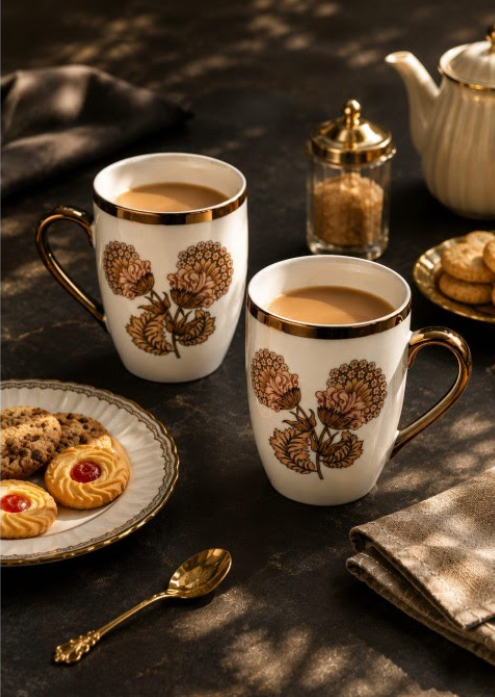 White Floral Printed Porcelain Glossy Mugs Set of Cups and Mugs