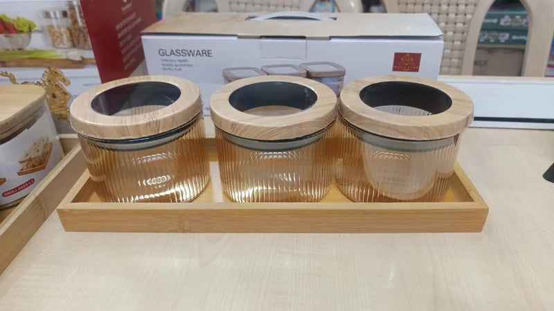 Airtight Borosilicate Glass Storage Jars with Bamboo Lids & Tray – Set of 3, 500 ml Each