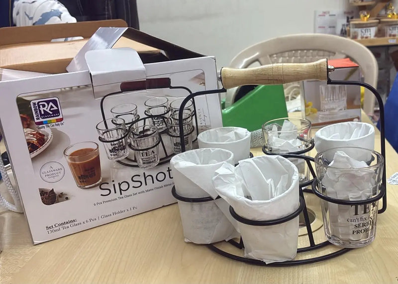 Cutting Chai Glasses with Iron Holder – Set of 6, 120 ml Each