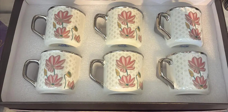 White & pink  Pieces Floral Printed Glossy Coffee Mugs - 220ml (Set of 6)