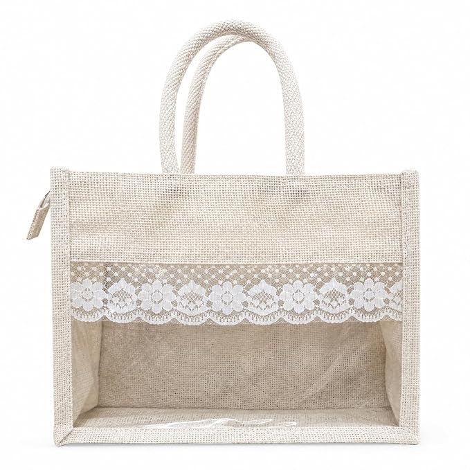 Natural Beige Jute Gift Hamper Bags with Transparent Window, Lace Border & Rope Handles – Set of 2
